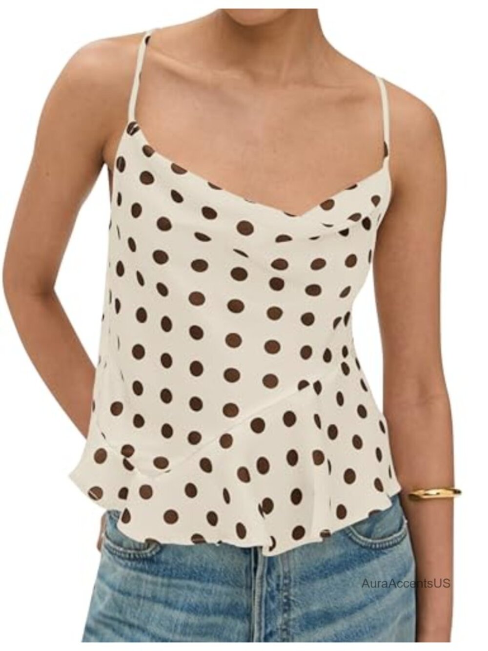 Polka Dot Cowl Neck Ruffle Flowy Tank Top Sleeveless Asymmetrical Hem